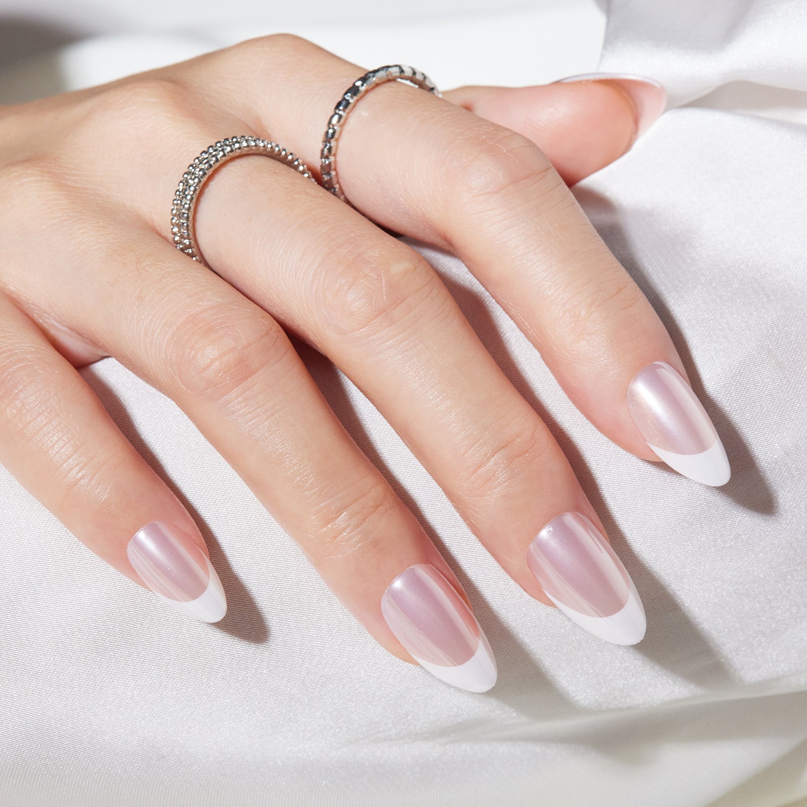 Stick On Nails - French Tip Short Almond Press On Nails with Glue for Women, Soft Gel Glue On Nails in 16 Sizes - 32 Nails Kit