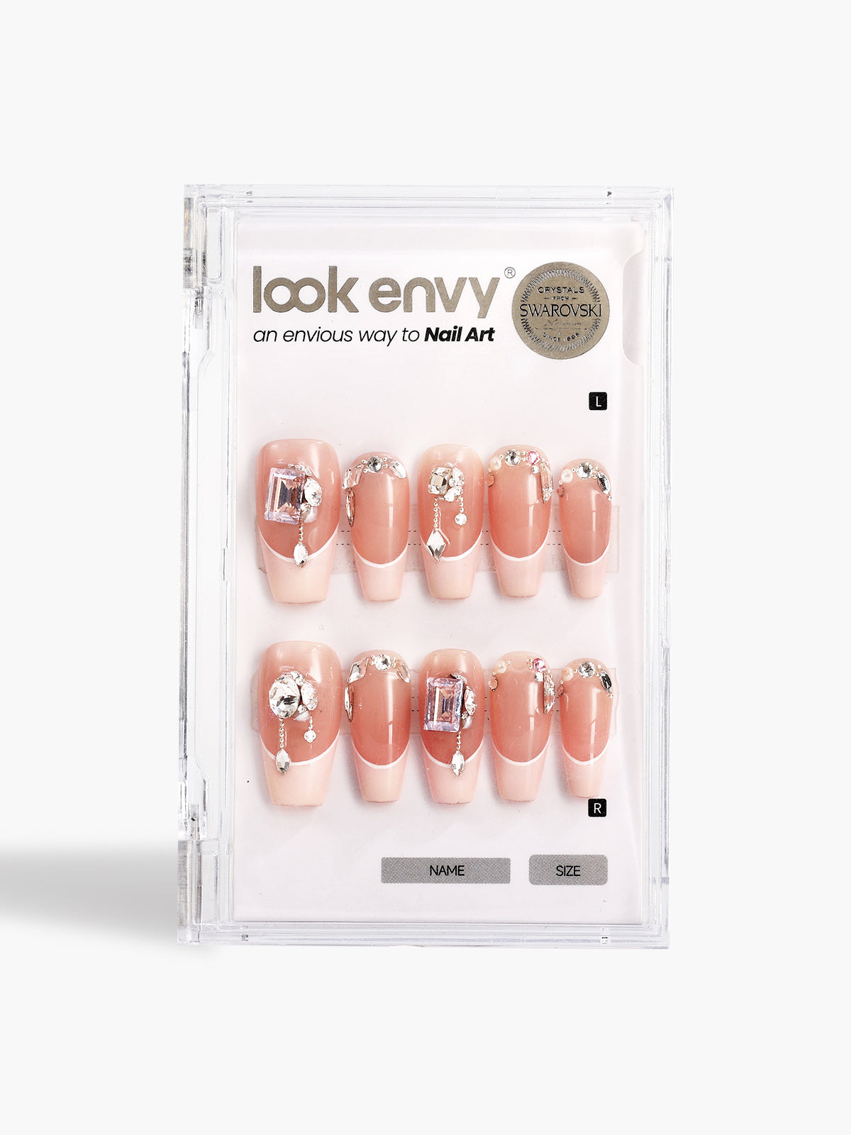 Handmade Press On Nail Medium Almond-Shaped Nude French Tips Luxury Swarovski Crystals Decor Design Nail Art