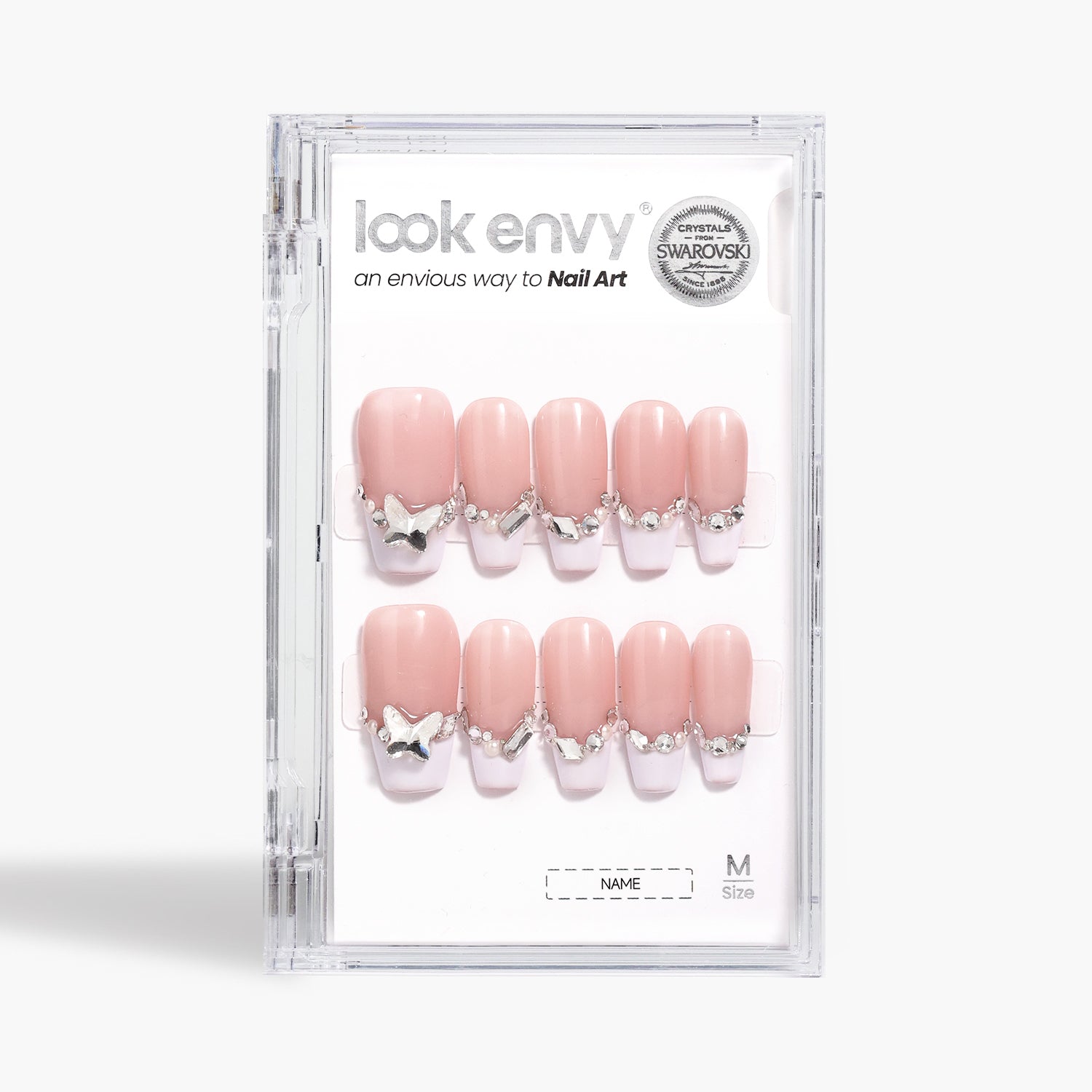 Medium Almond-Shaped French Tips Nail Art Light Pink Butterfly Swarovski Crystals Decor Handmade Press On Nail