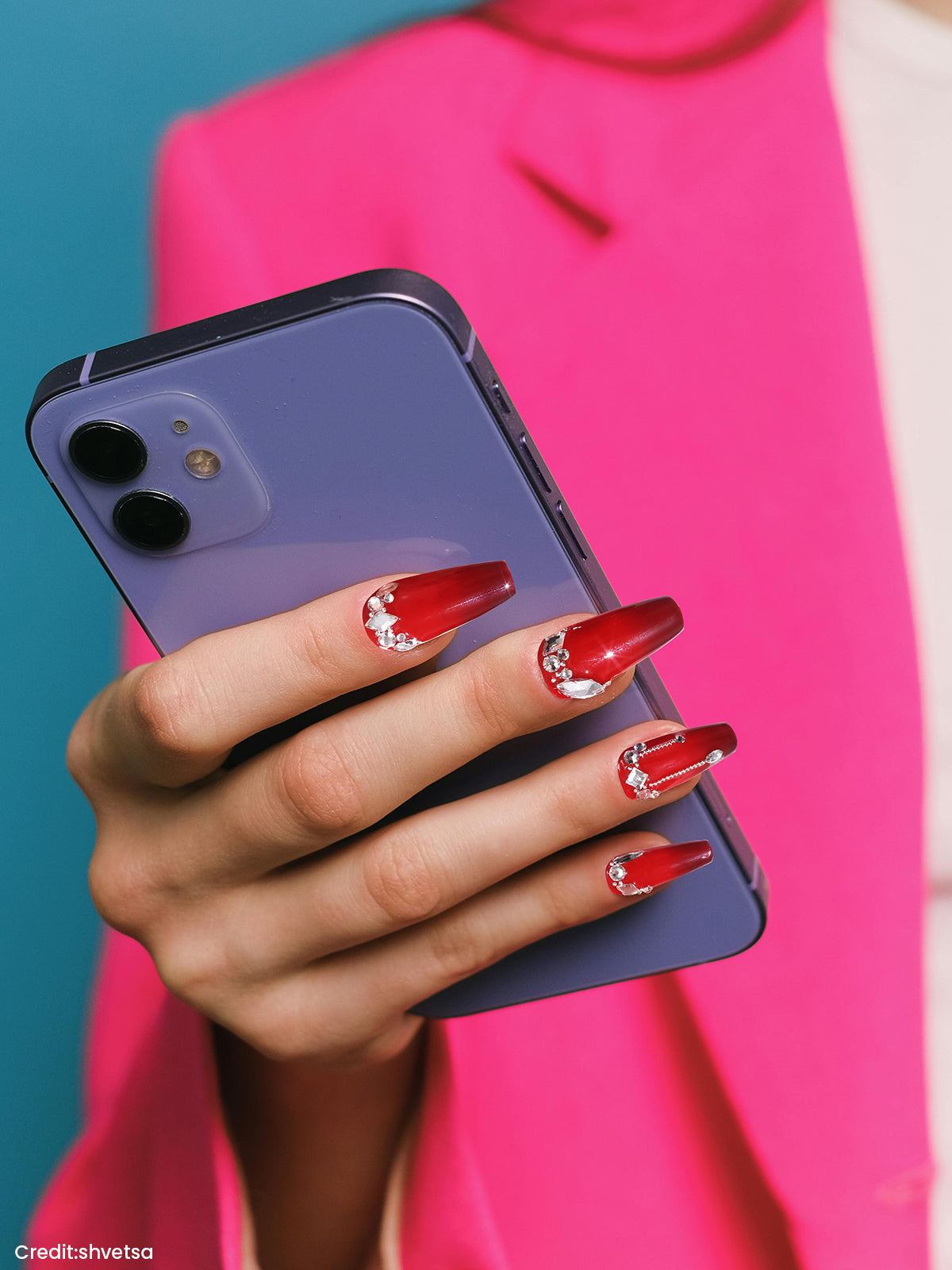 Glamorous Red 3D Crystal Festoon Coffin Nails