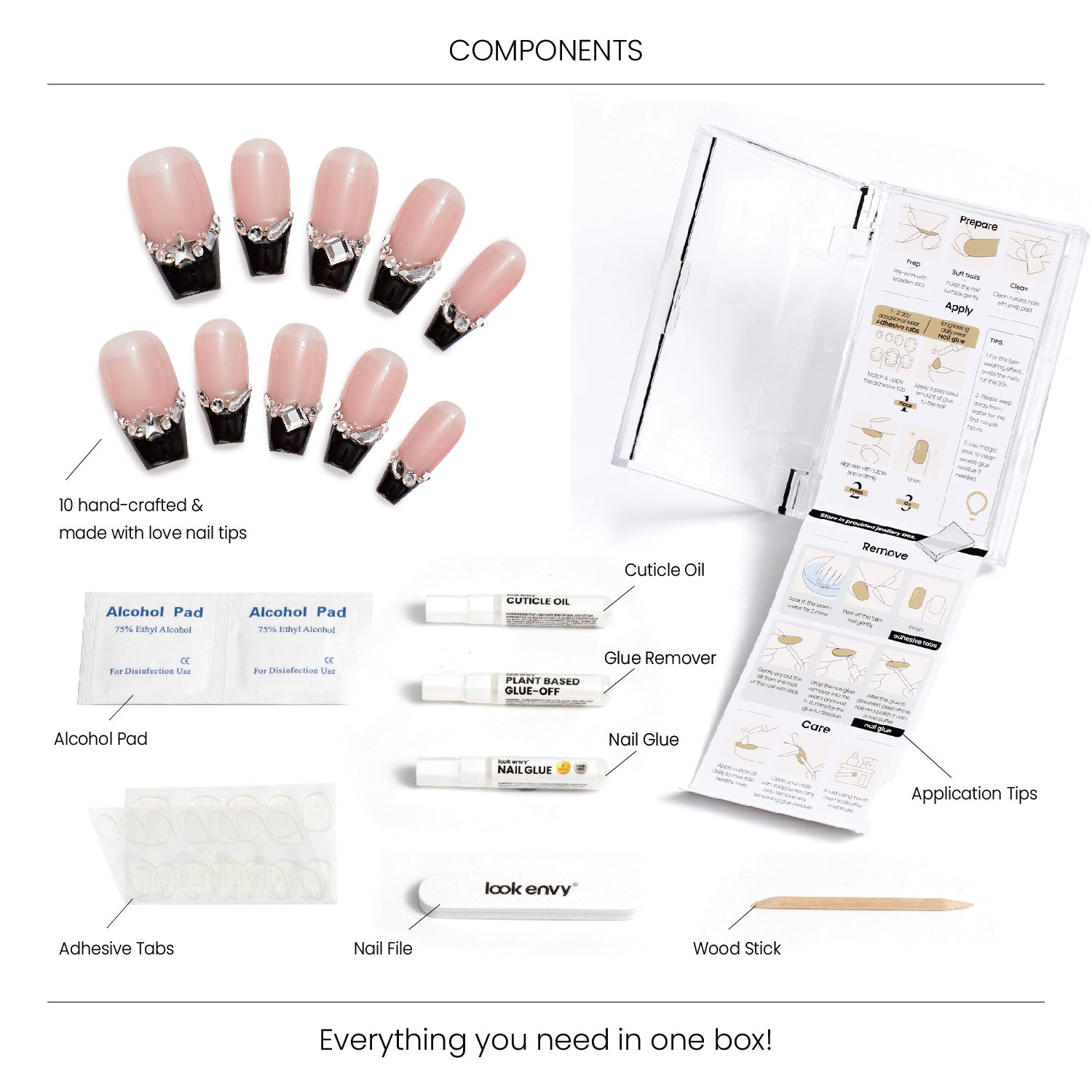 Medium Almond-Shaped French Tips Nail Art Elegant Black Butterfly Swarovski Crystals Decor Handmade Press On Nail