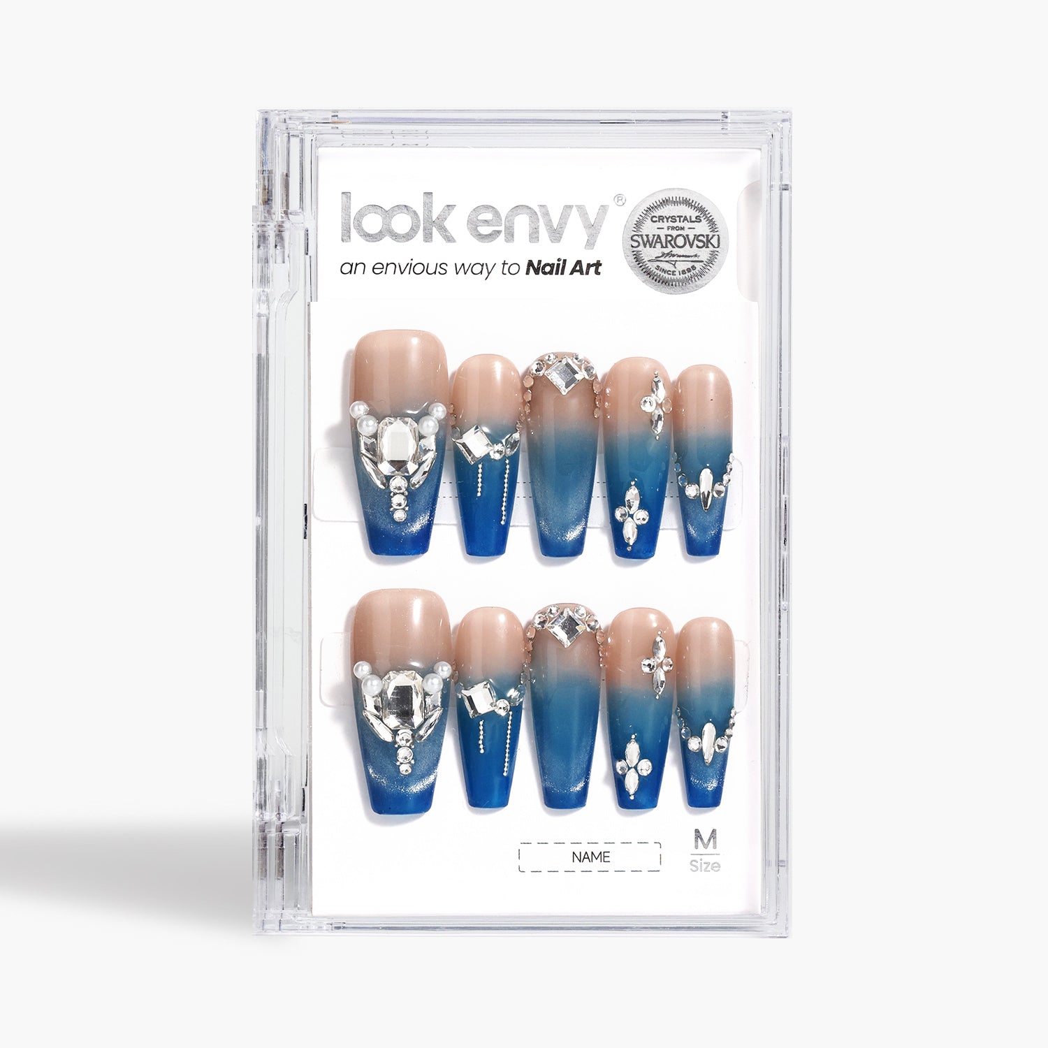 Luxury Slaon Nails Long Coffin-Shaped Glossy Blue Cat Eye Fine Flash Nail Design Swarovski Crystals Decor Handmade Press on Nails