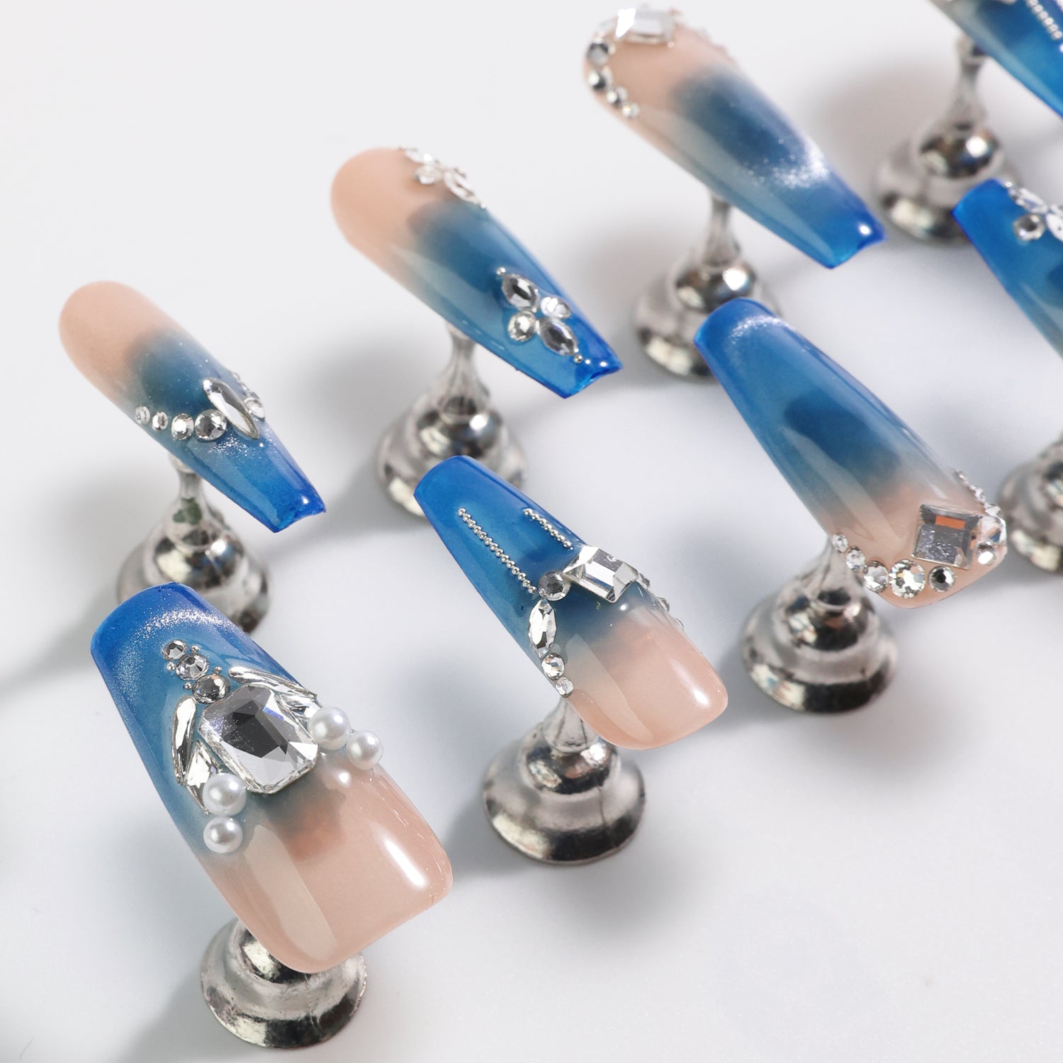 Luxury Slaon Nails Long Coffin-Shaped Glossy Blue Cat Eye Fine Flash Nail Design Swarovski Crystals Decor Handmade Press on Nails