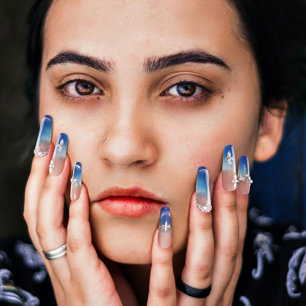 Luxury Slaon Nails Long Coffin-Shaped Glossy Blue Cat Eye Fine Flash Nail Design Swarovski Crystals Decor Handmade Press on Nails