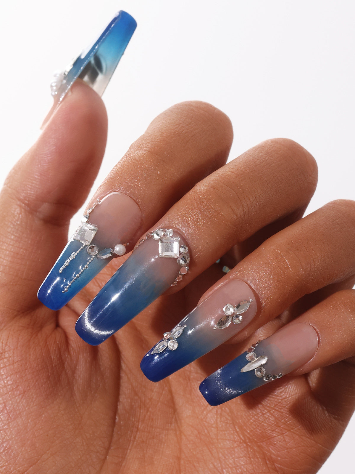 Luxury Slaon Nails Long Coffin-Shaped Glossy Blue Cat Eye Fine Flash Nail Design Swarovski Crystals Decor Handmade Press on Nails
