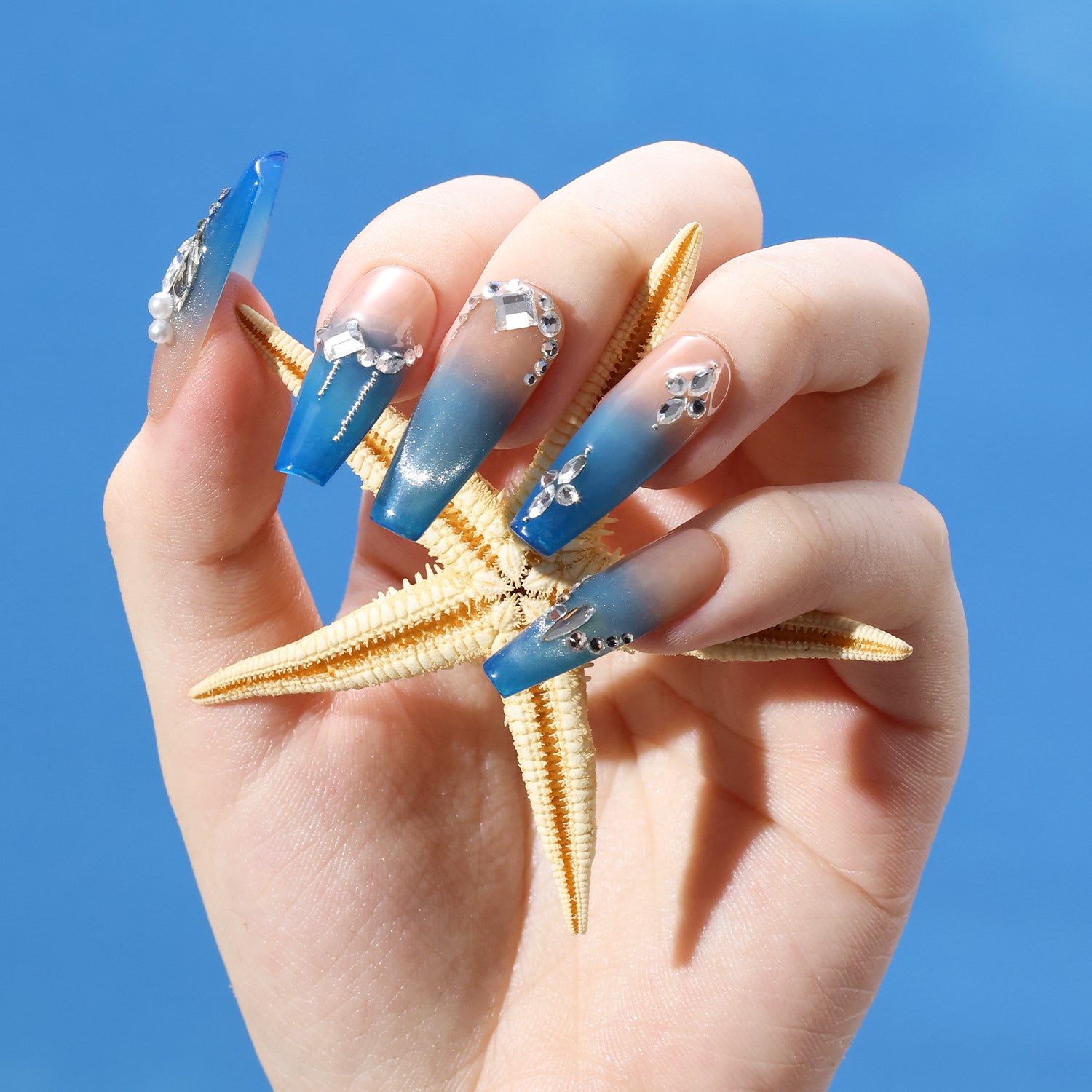 Luxury Slaon Nails Long Coffin-Shaped Glossy Blue Cat Eye Fine Flash Nail Design Swarovski Crystals Decor Handmade Press on Nails