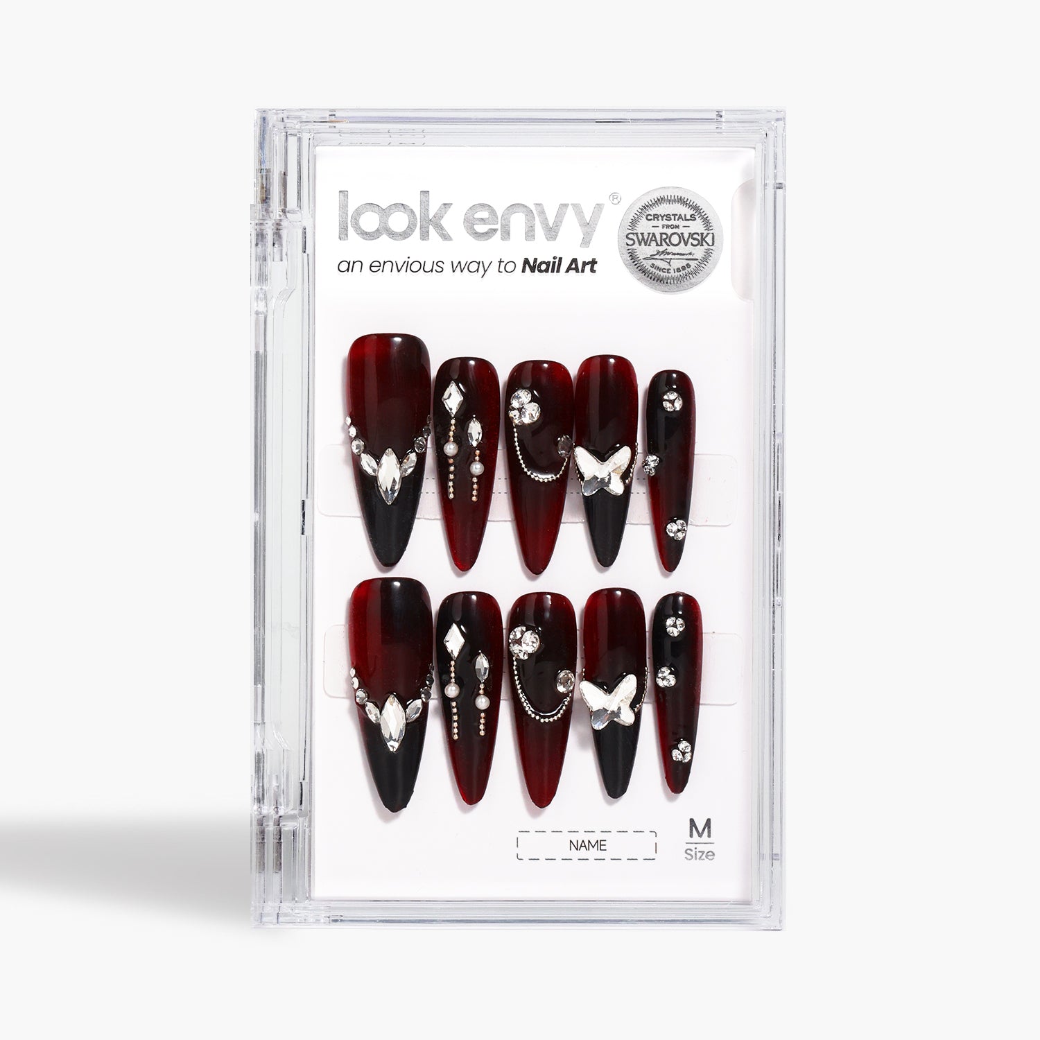 Luxury Long-Length Stiletto-Shaped Red And Black Change Cat Eye Swarovski Crystals Decorative Handmade Nail Art Set