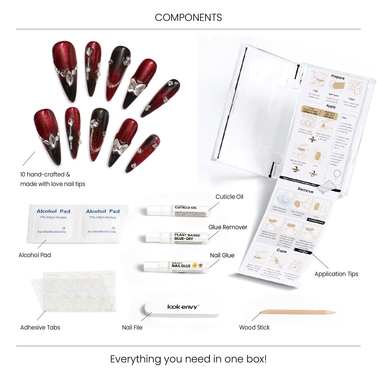 Luxury Long-Length Stiletto-Shaped Red And Black Change Cat Eye Swarovski Crystals Decorative Handmade Nail Art Set