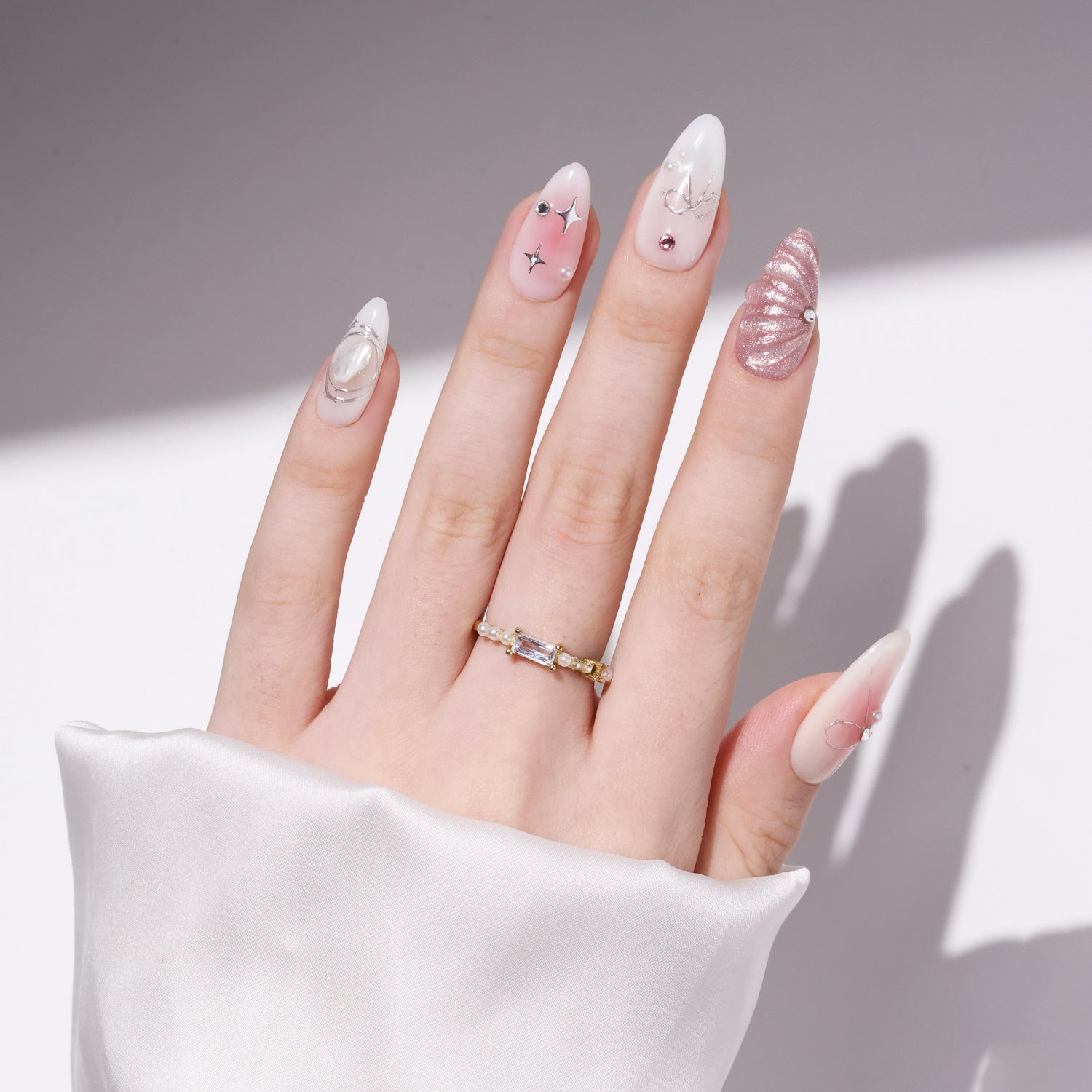 Y2K Sweet Pink Blush Almond-Shaped Pearl 3D Sculpted Waves Press on Nail Handmade False Nails
