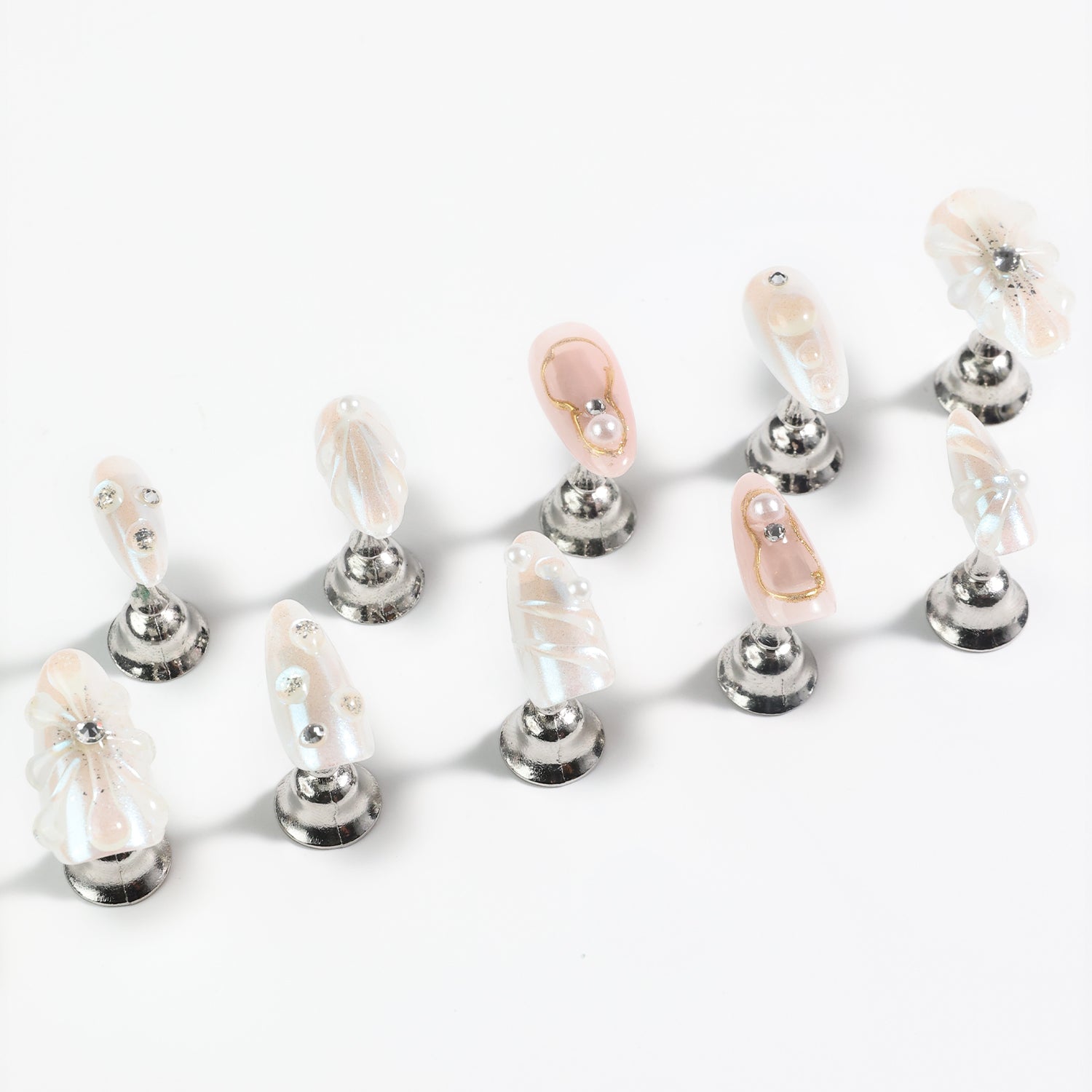 Medium Almond Shape Press On Nails With Manually Painted Irregular 3D Patterns, Rhinestones, Pearls Glossy Decor Handmade Nail Art