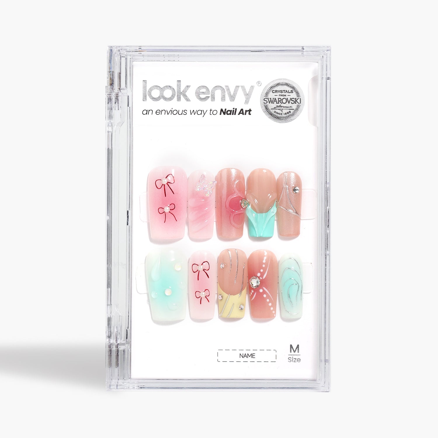 Medium Square Shape Press On Nails With Manually Painted Irregular 3D Patterns, Crystals,Pearls Decor Colorful Nail Art