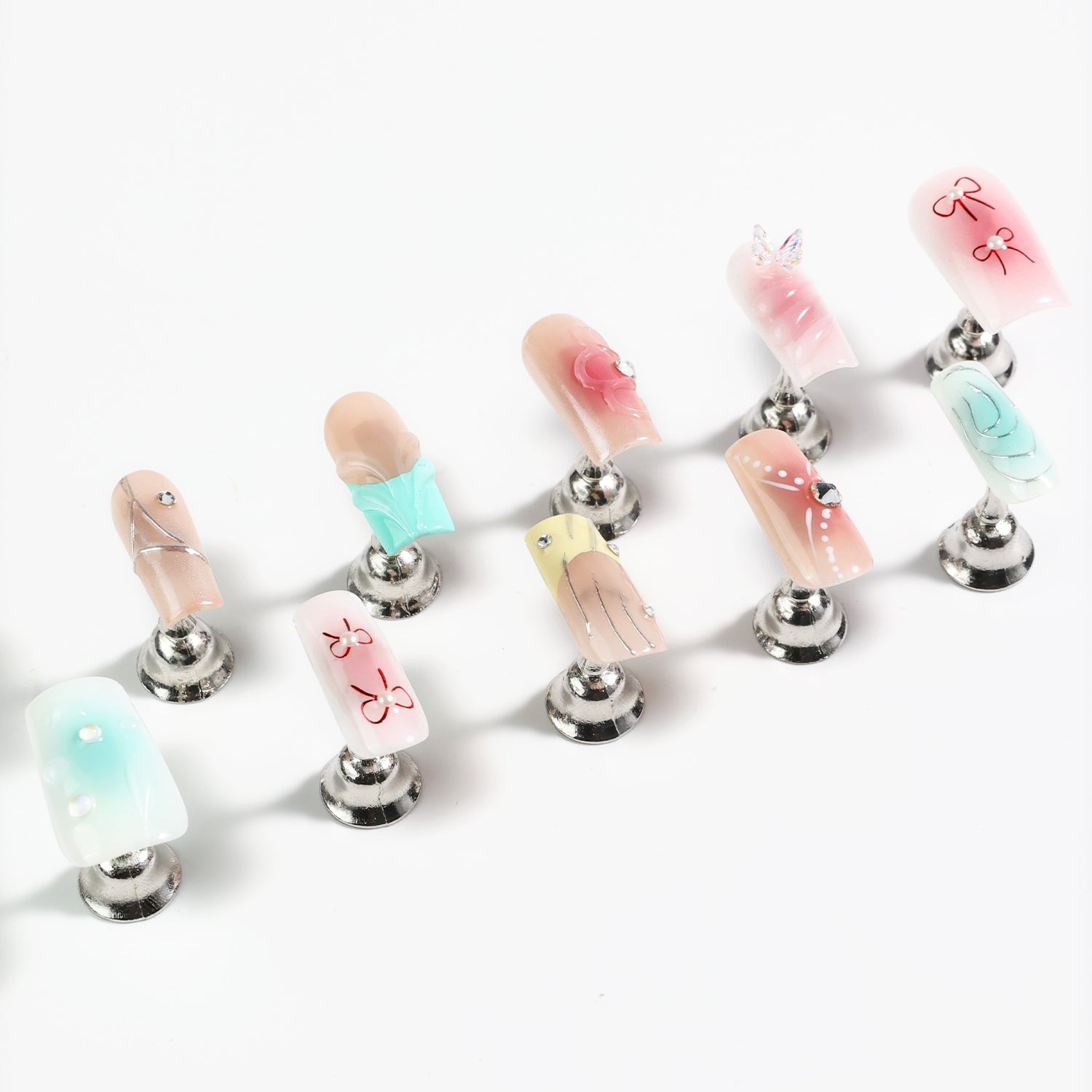 Medium Square Shape Press On Nails With Manually Painted Irregular 3D Patterns, Crystals,Pearls Decor Colorful Nail Art