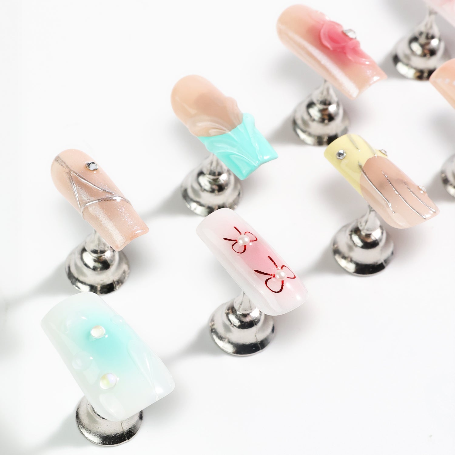 Medium Square Shape Press On Nails With Manually Painted Irregular 3D Patterns, Crystals,Pearls Decor Colorful Nail Art